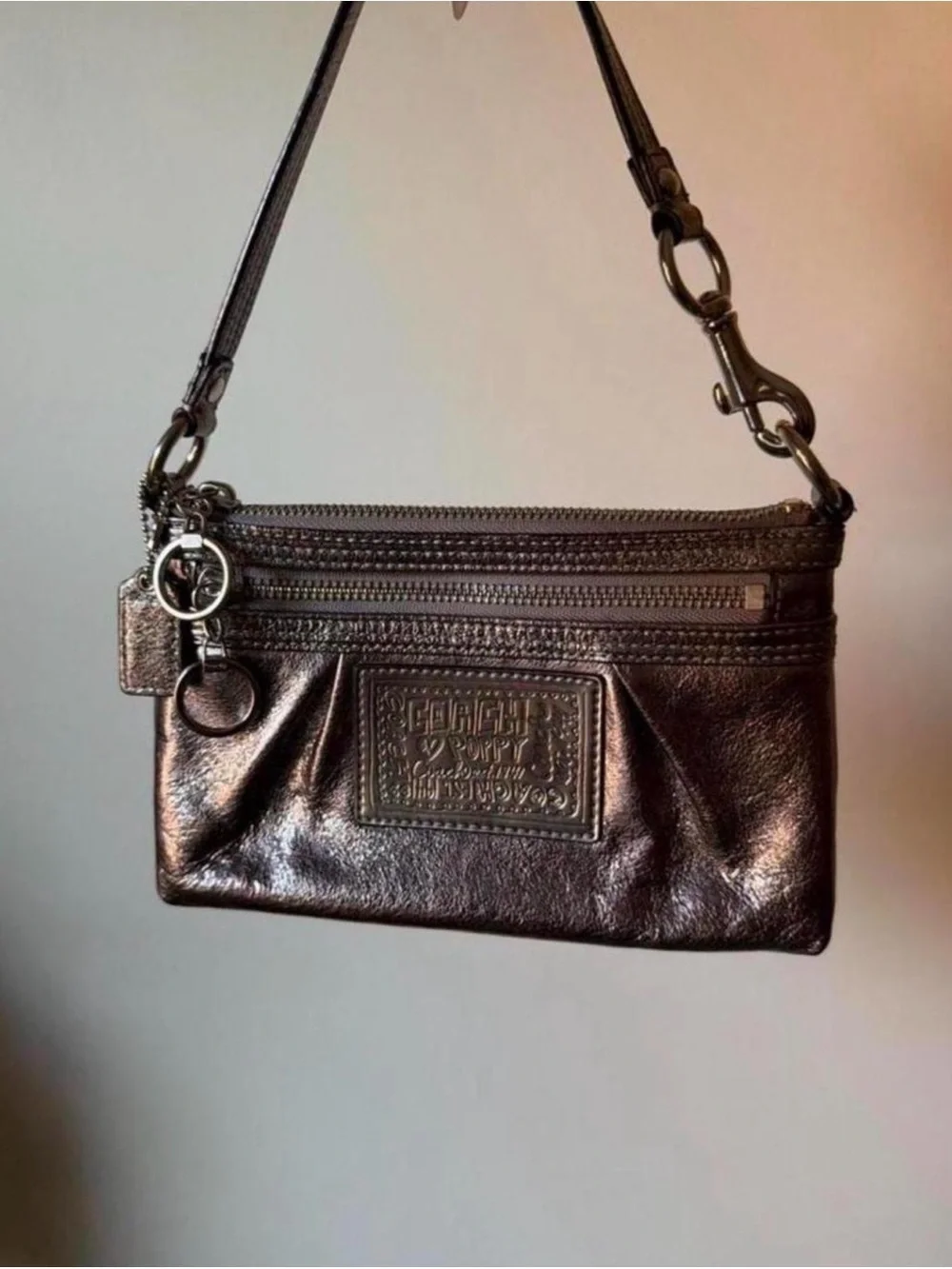 coach metallic silver leather mini bag